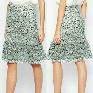 French Connection Boccara Lace Skirt Ruffle Flounce Hem Peplum Green White Sz 0